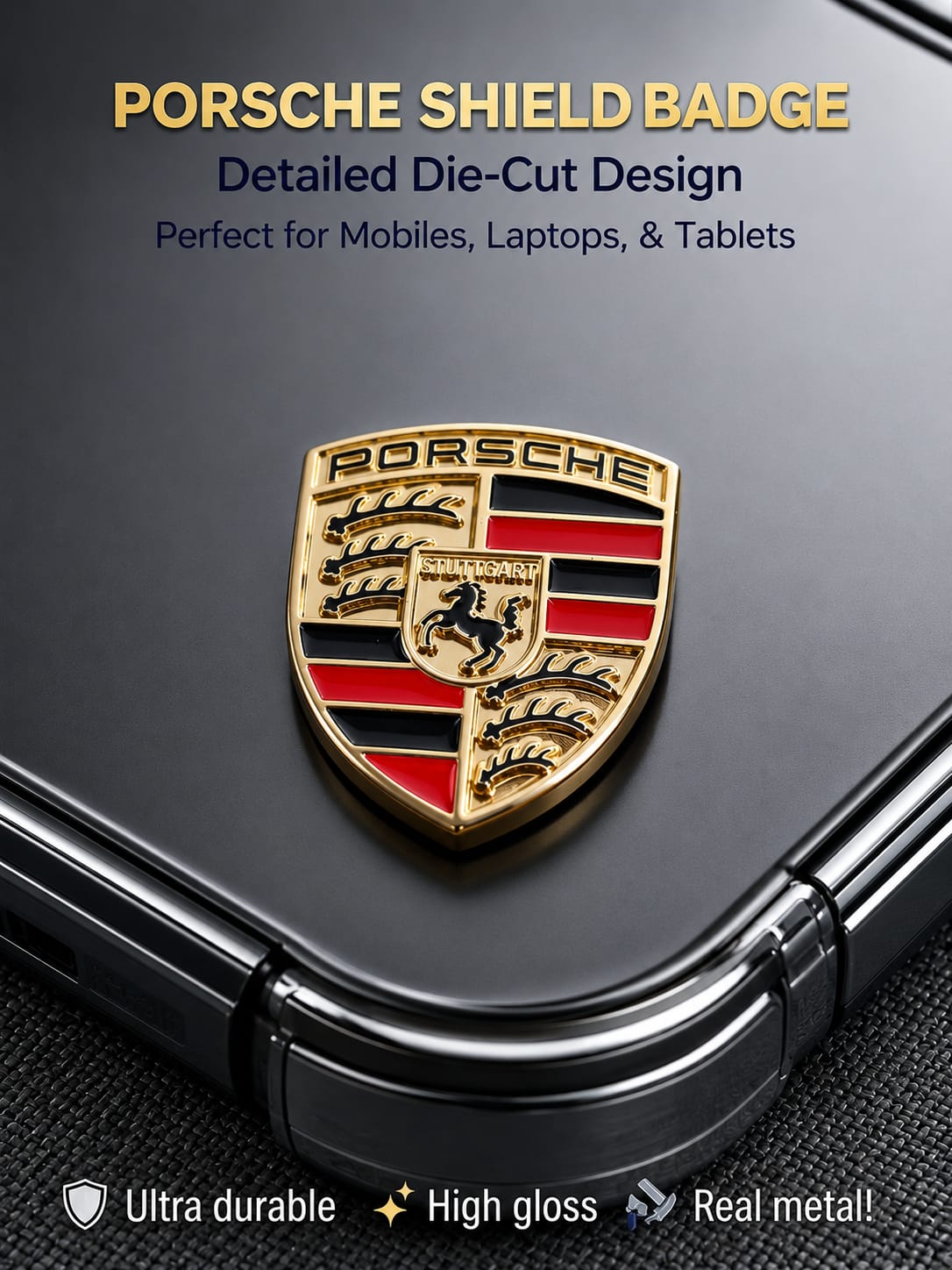 High-gloss gold Porsche shield crest metal badge sticker on the back of a mobile phone