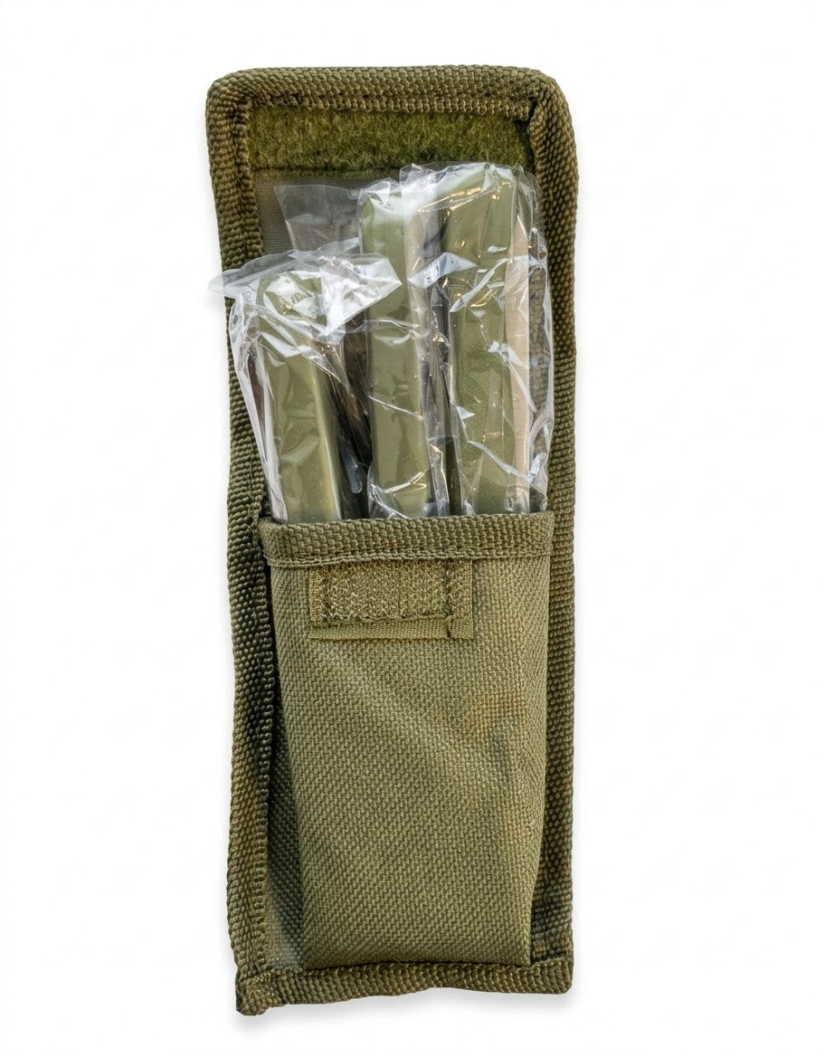 Open olive green tactical pouch containing individually wrapped stainless steel camping cutlery.