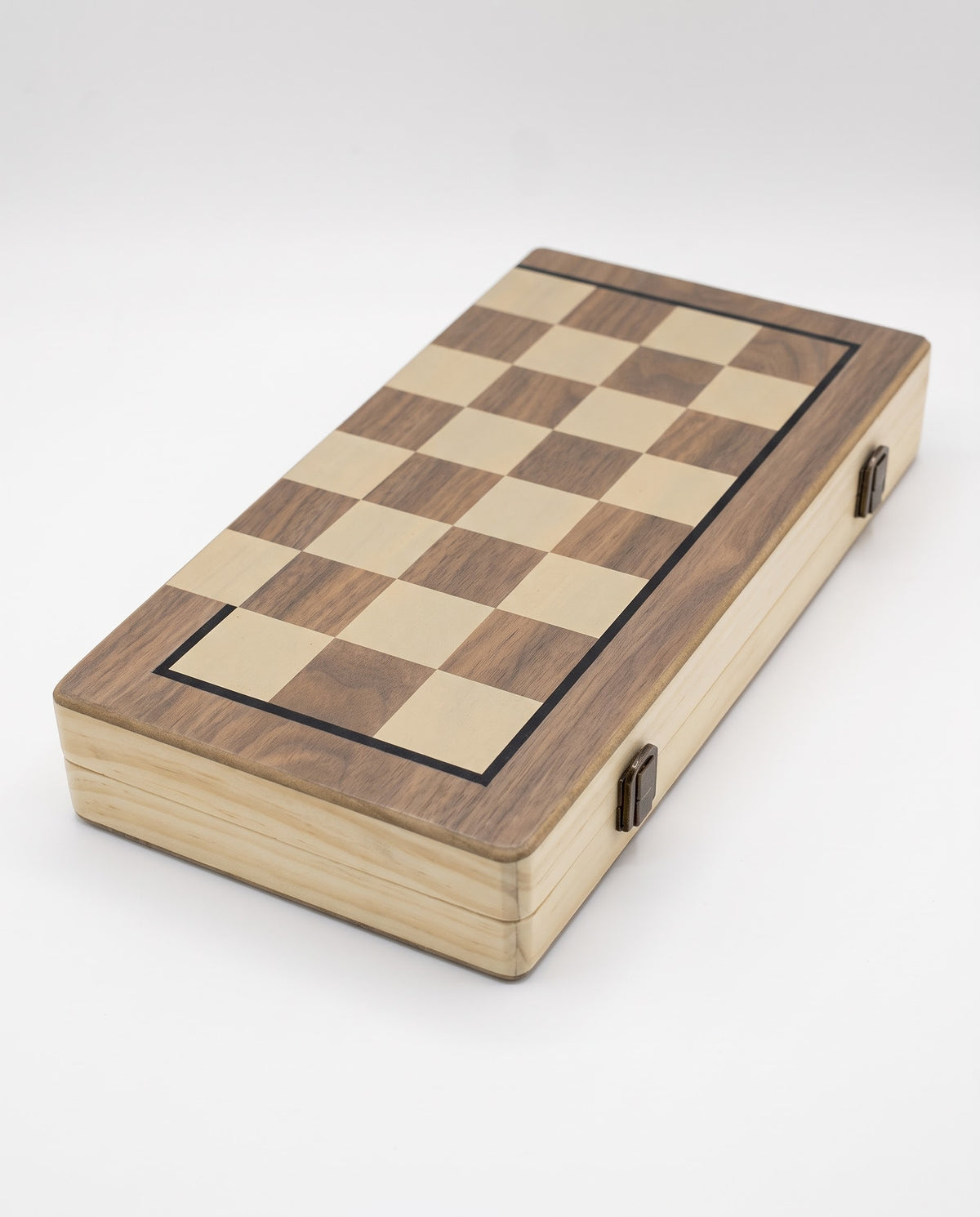 Compact travel folding wooden chess and checkers board box with secure metal latches, available for delivery across Lebanon.
