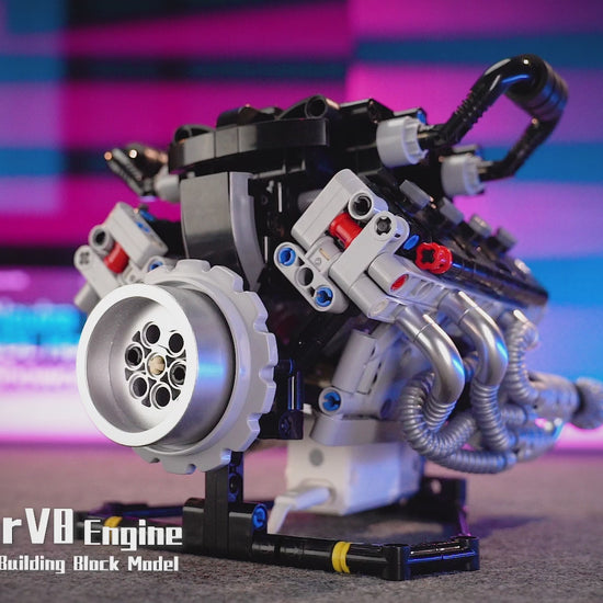 Motorized V8 supercar engine model building block kit with electric motor, moving gears, and display stand