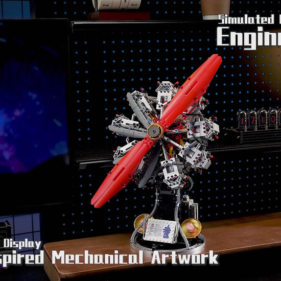 KAIXING 9-cylinder radial aircraft engine building block model featuring a two-blade red propeller, display stand, and LED light parts with 1100 pieces.