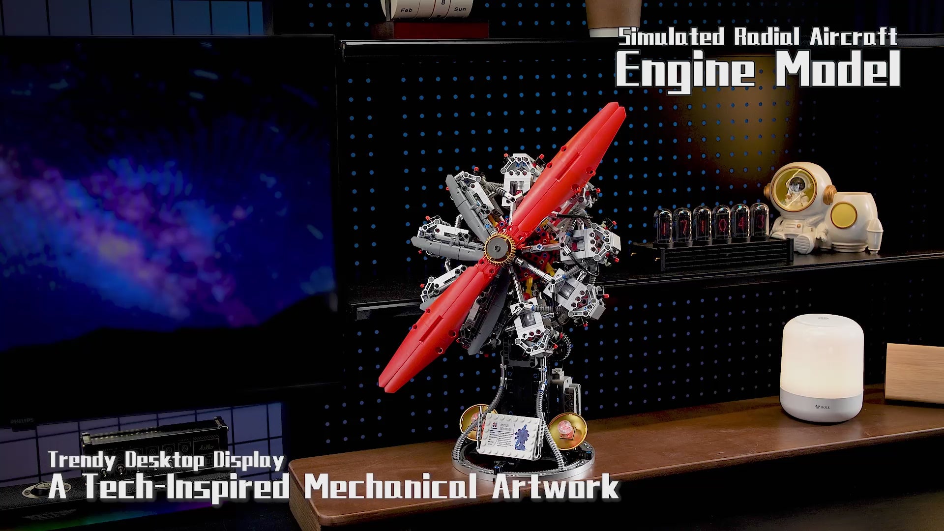 KAIXING 9-cylinder radial aircraft engine building block model featuring a two-blade red propeller, display stand, and LED light parts with 1100 pieces.