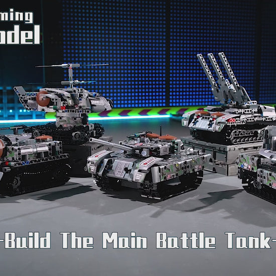 The armored anti-aircraft gun configuration of the 5-in-1 mechanical building block kit, featuring dual rotating turrets.