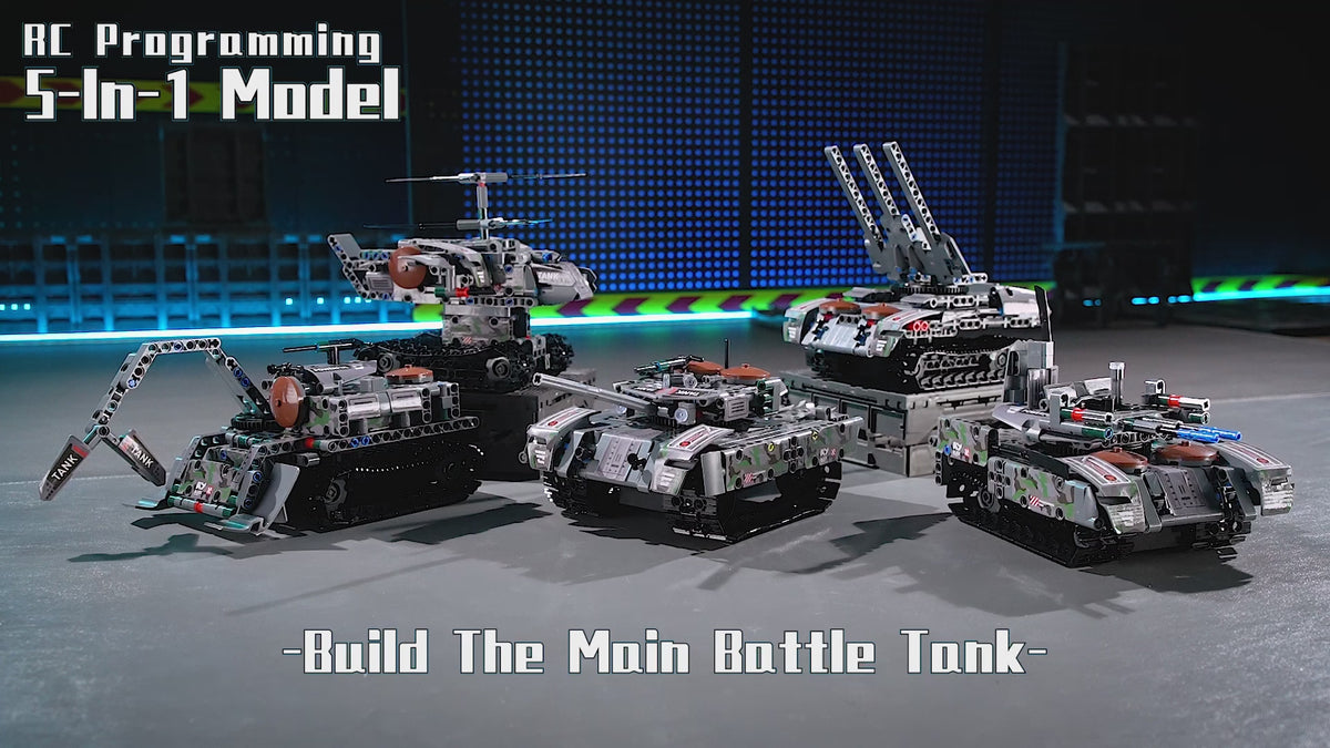 The armored anti-aircraft gun configuration of the 5-in-1 mechanical building block kit, featuring dual rotating turrets.