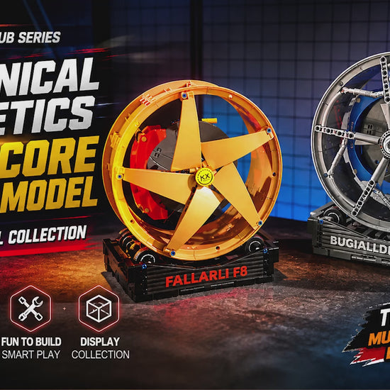supercar wheel hub building block model with blue brake caliper on a rolling display stand