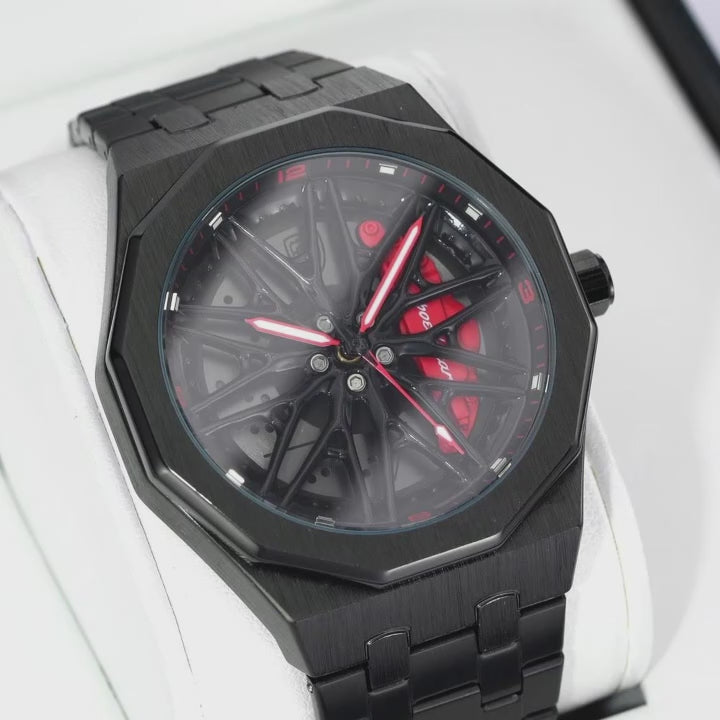 Demonstration video of the Poedagar rotating car wheel rim watch in Lebanon, highlighting 360-degree spinning dial, 3ATM waterproof submersion test, luminous hands, and steel butterfly clasp.