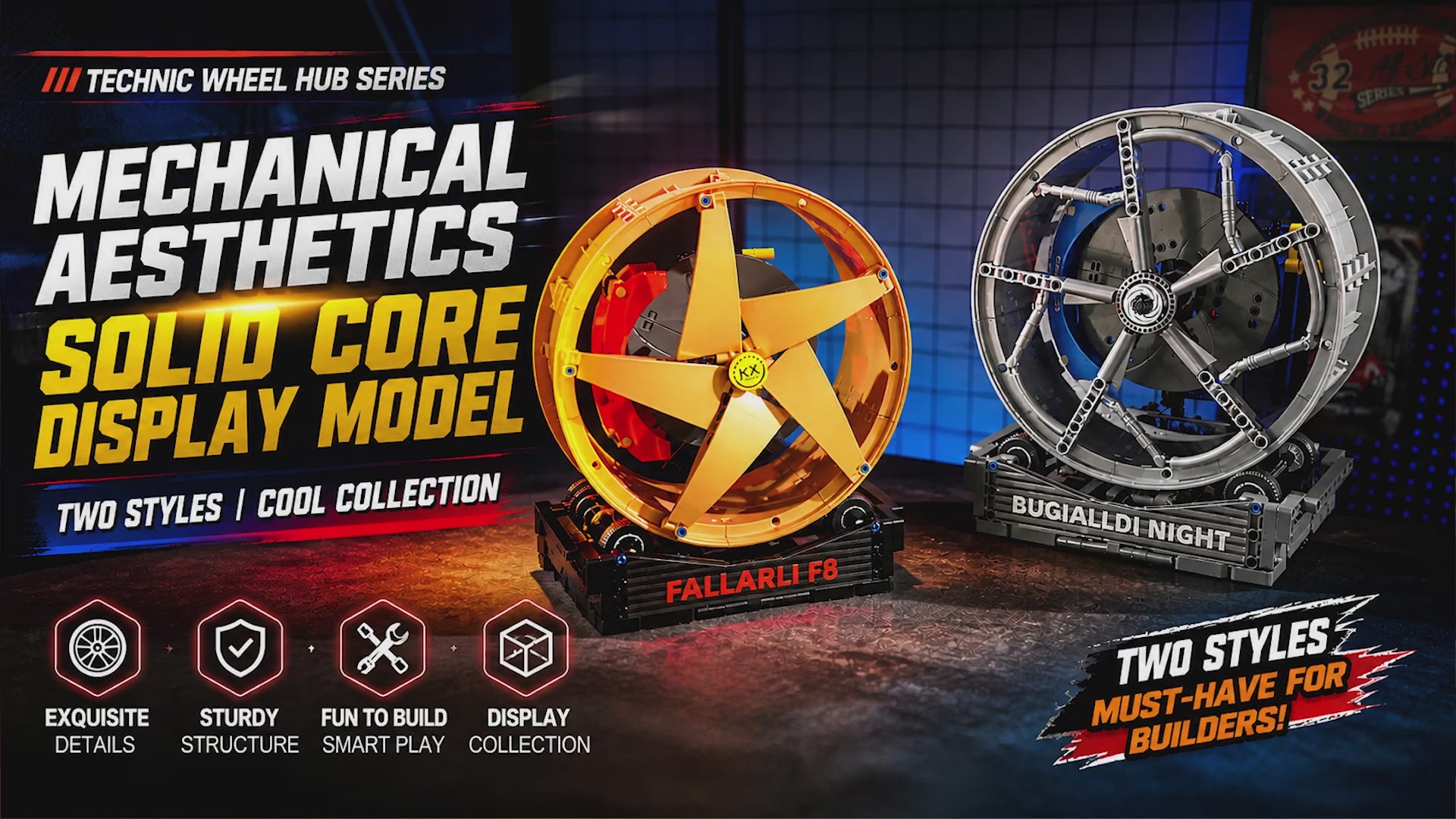 Fallarli F8 supercar gold wheel hub building block set with red brake caliper and display stand