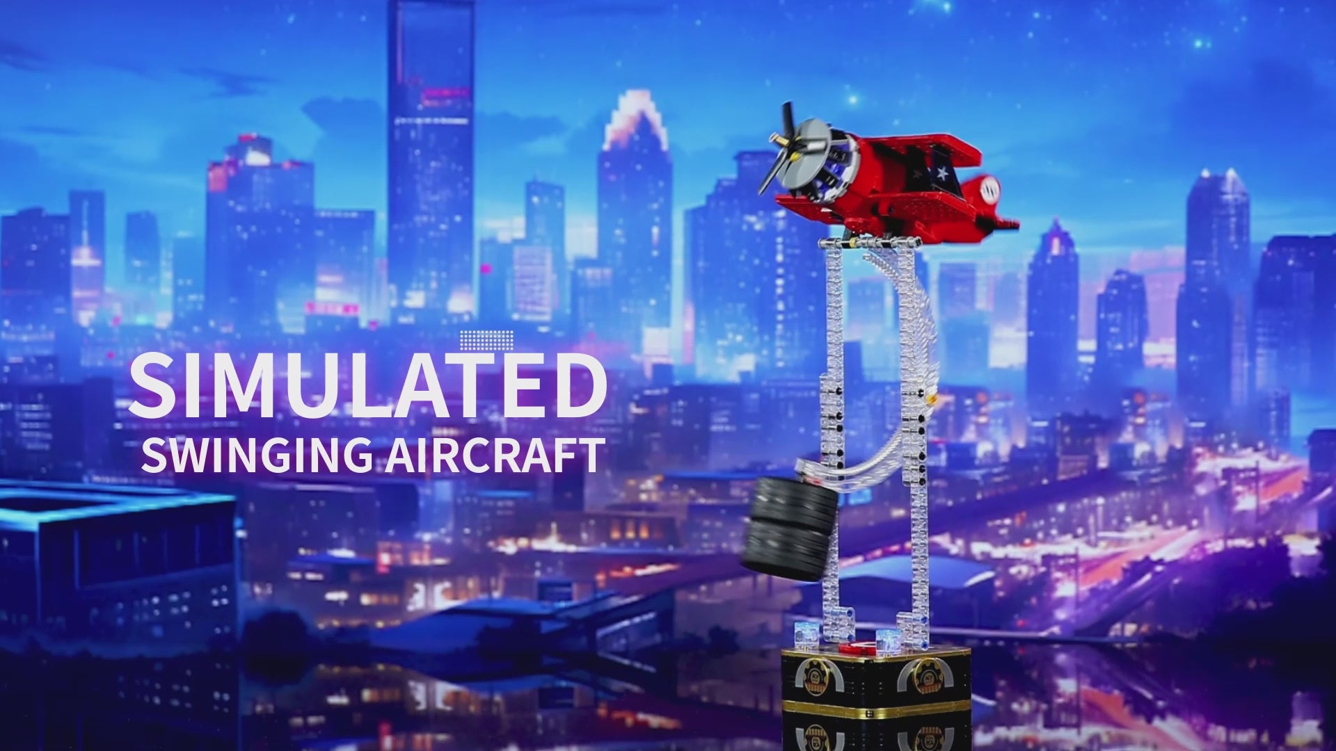 Red gravity swing airplane building block desktop ornament with LED lights swinging on kinetic balance stand.