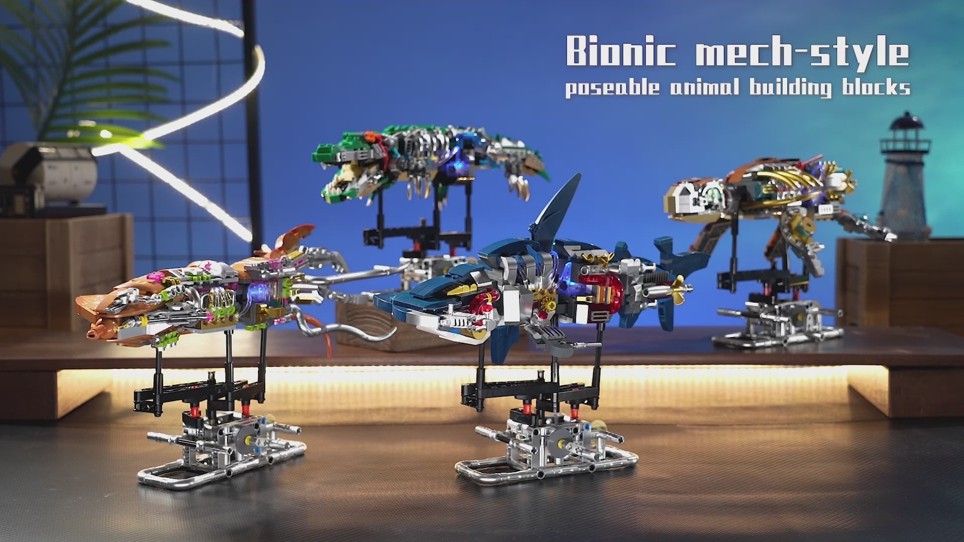 Bionic mech animal building blocks featuring poseable shark, crocodile, and turtle models with LED lights and hand-cranked mechanical motion.
