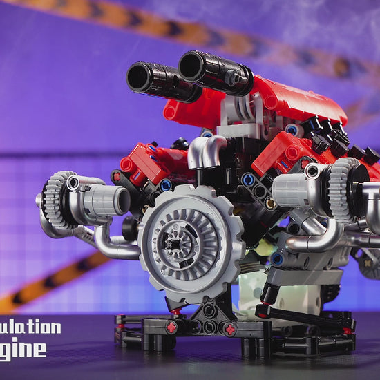 App-controlled motorized building block sports car engine model with moving gears and LED illuminated pistons.