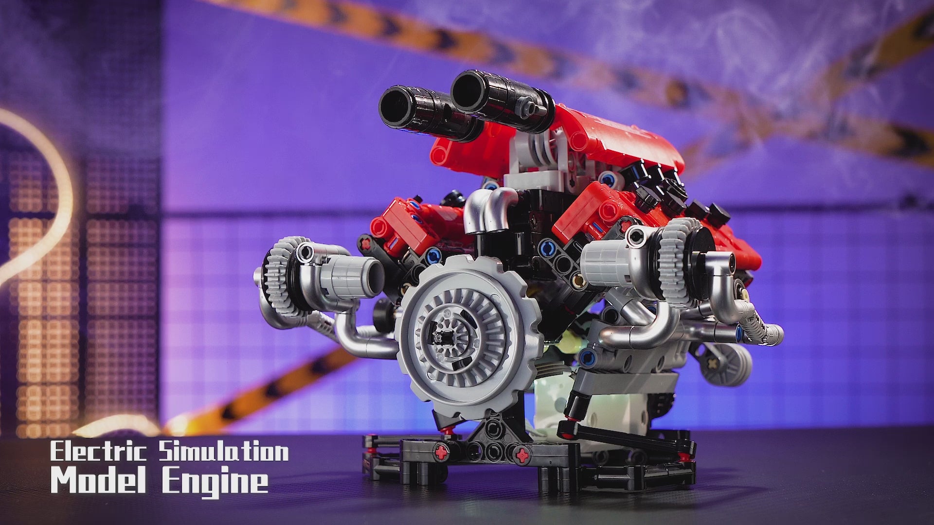 App-controlled motorized building block sports car engine model with moving gears and LED illuminated pistons.
