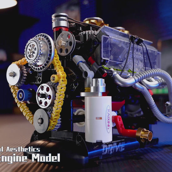 Assembled Speed Drive V8 mechanical engine building block model on display stand beside retail box