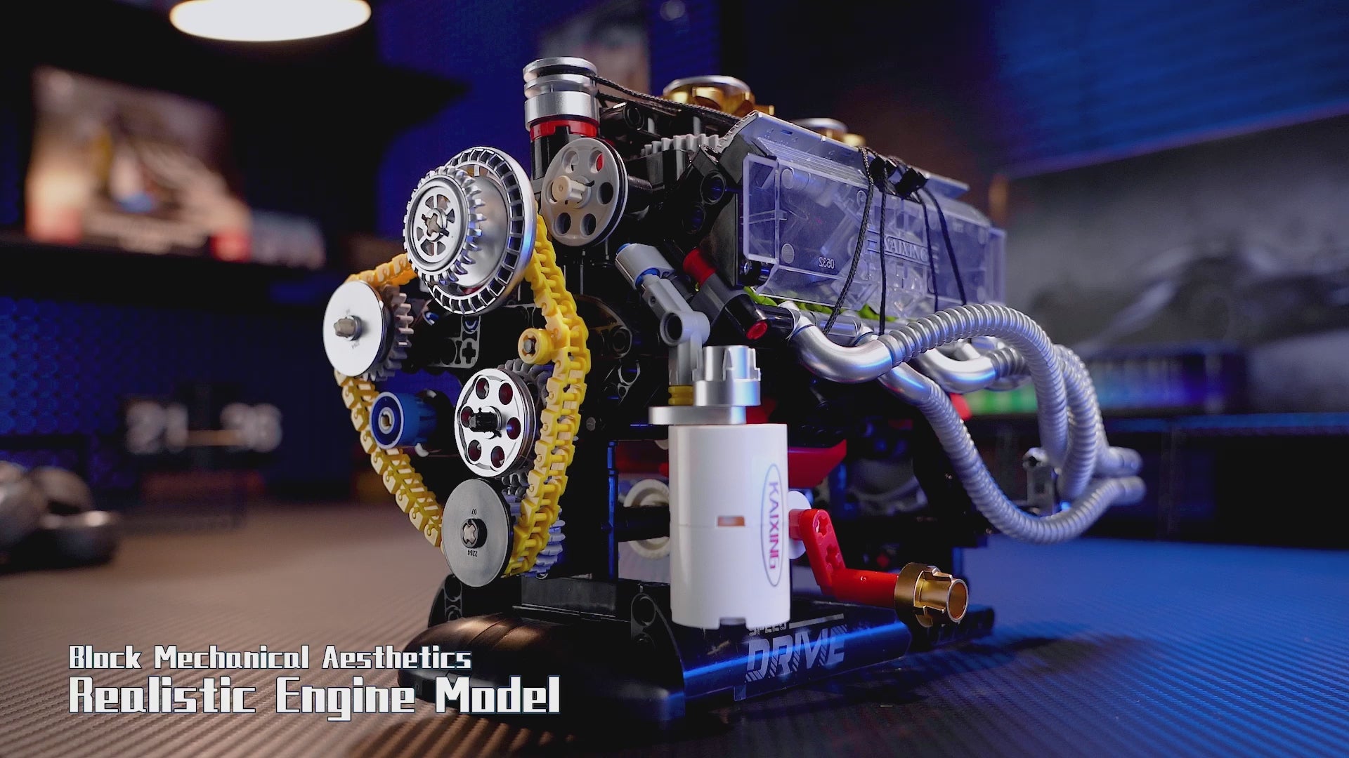 Assembled Speed Drive V8 mechanical engine building block model on display stand beside retail box