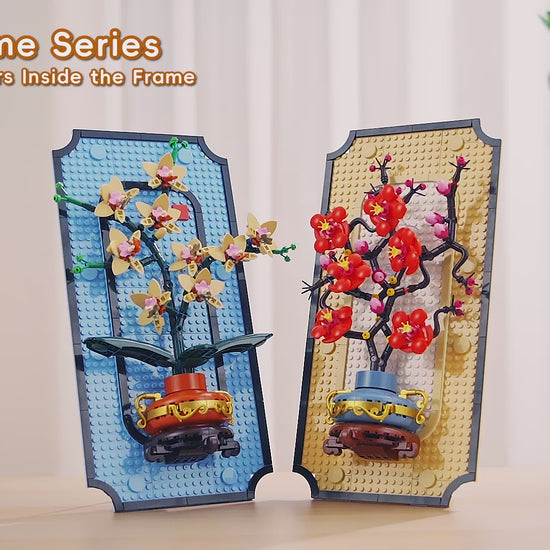 3D Floral Frame Series botanical building block set featuring Plum Blossom and Orchid desktop and wall-mountable floral brick art.