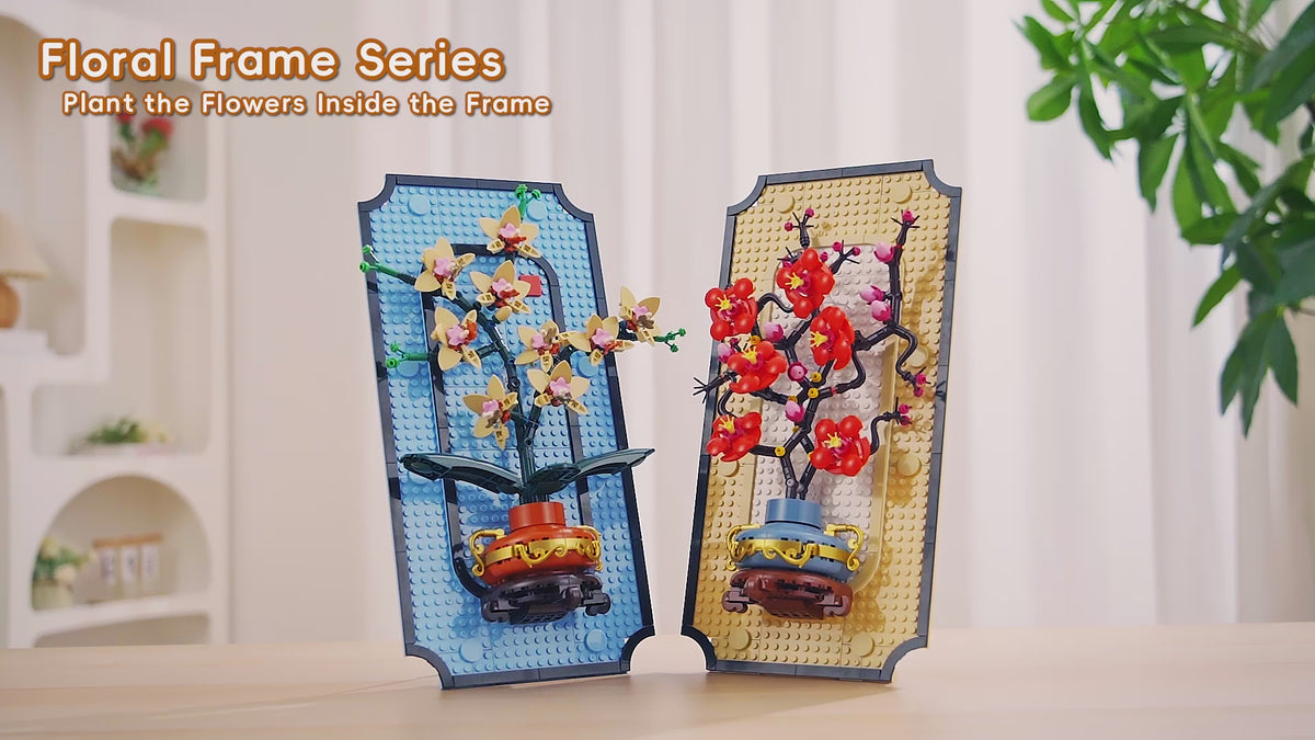 3D Floral Frame Series botanical building block set featuring Plum Blossom and Orchid desktop and wall-mountable floral brick art.