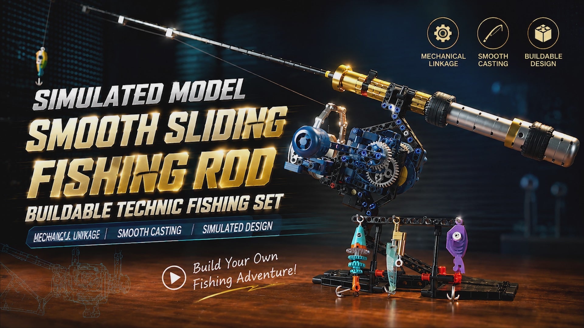 Interactive demonstration of the casting motion, bail arm release, and line retrieval on the DIY fishing rod building set.