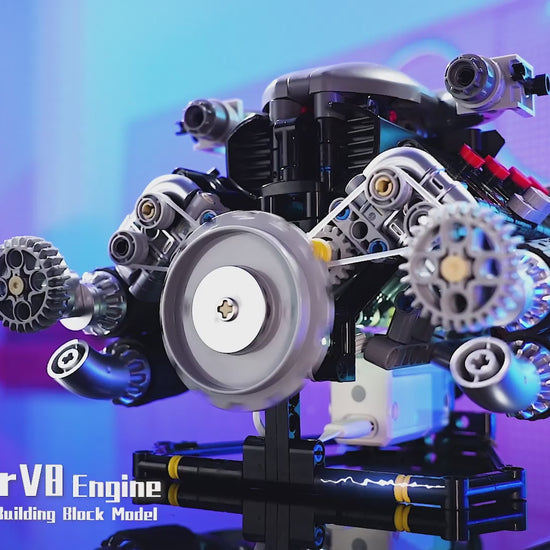 Motorized supercar V8 engine simulation building block model featuring app-controlled speed, moving cylinders, and integrated LED lighting.