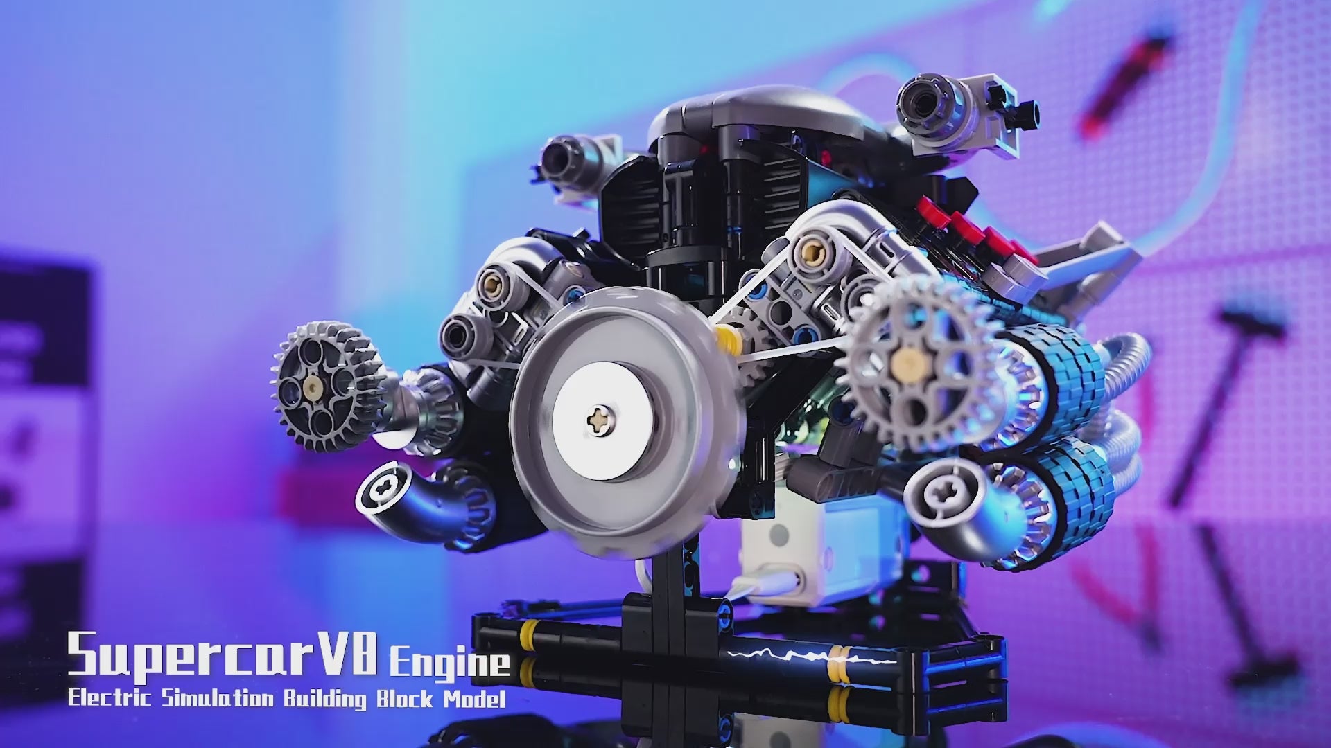 Motorized supercar V8 engine simulation building block model featuring app-controlled speed, moving cylinders, and integrated LED lighting.