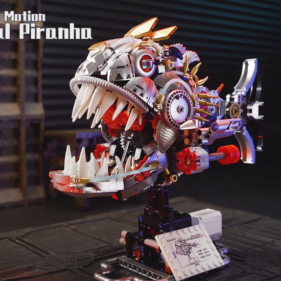 Mechanical piranha building block model with motorized moving jaw, swinging tail, projectile launcher, and display stand.