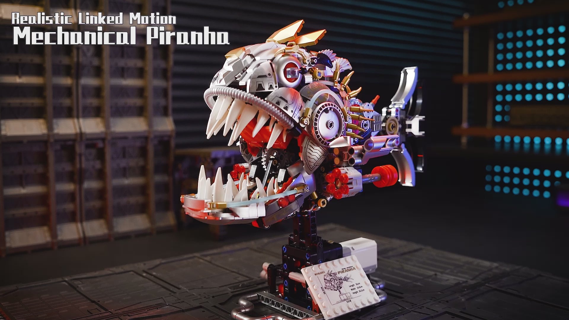 Mechanical piranha building block model with motorized moving jaw, swinging tail, projectile launcher, and display stand.