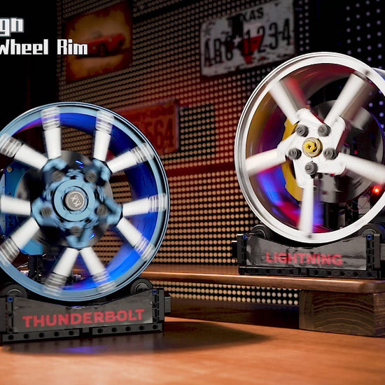 Fallarli motorized supercar wheel hub building block model in blue with display base