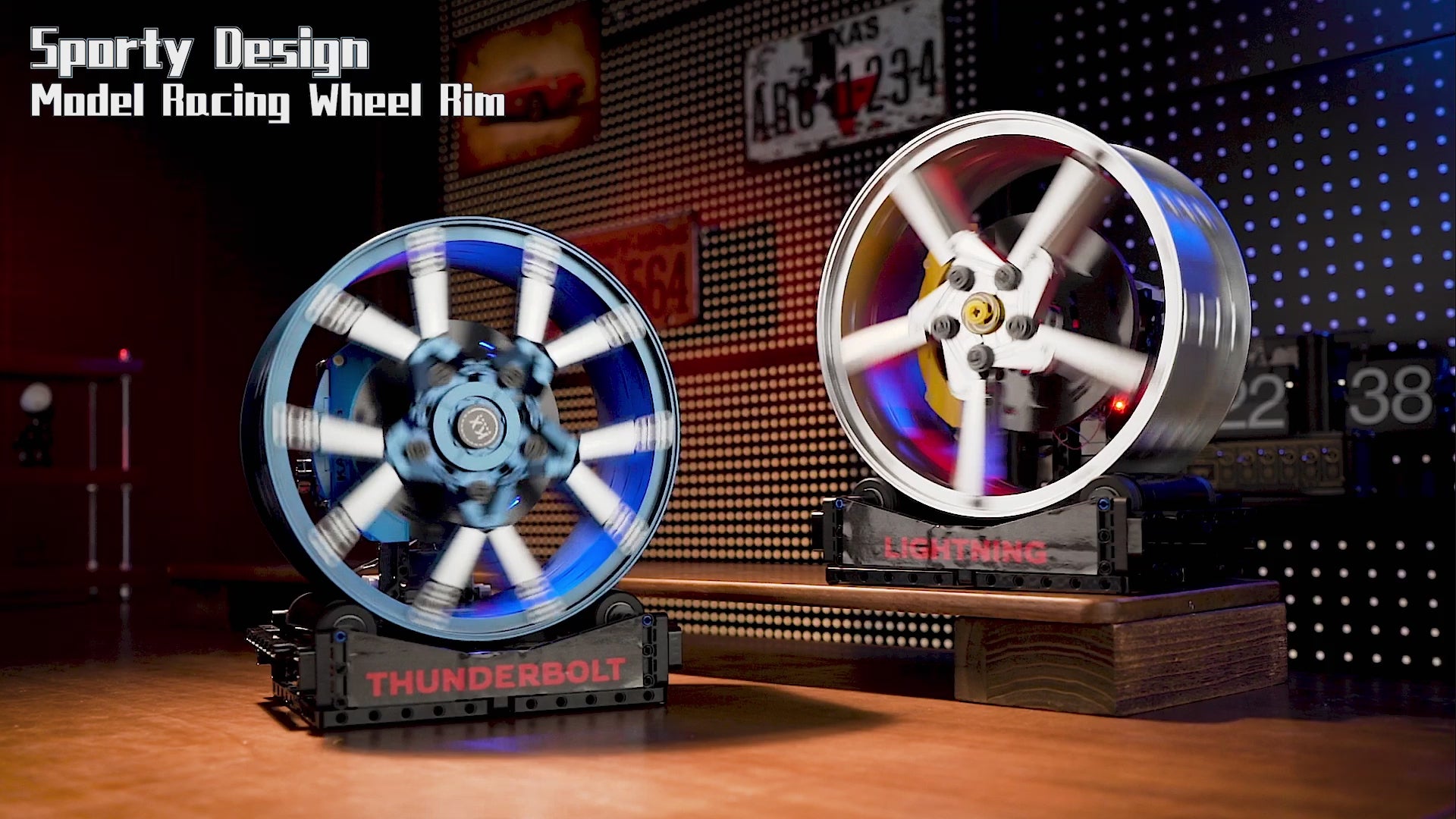 Fallarli motorized supercar wheel hub building block model in blue with display base
