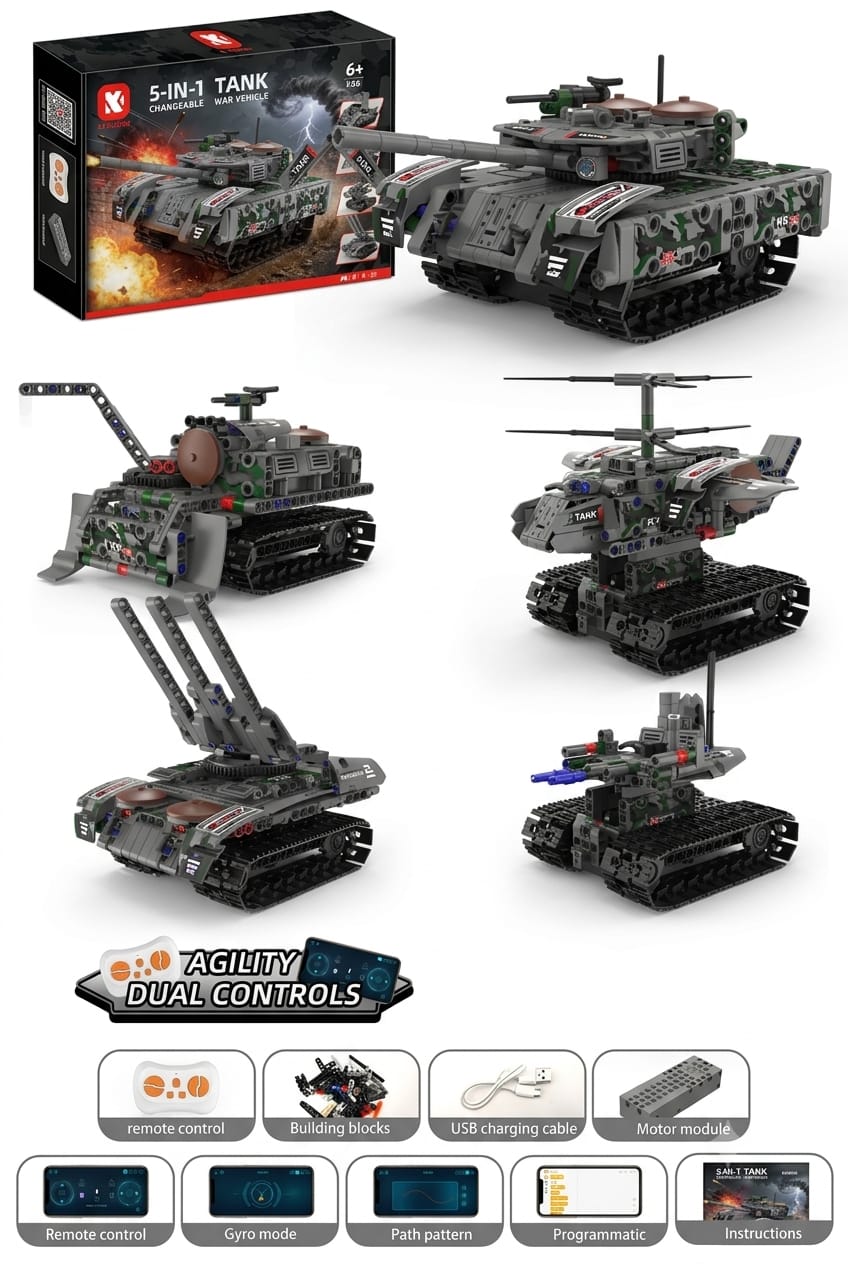 Included parts and smart features for RC tank kit showing motor module, remote controller, and smartphone programming modes.