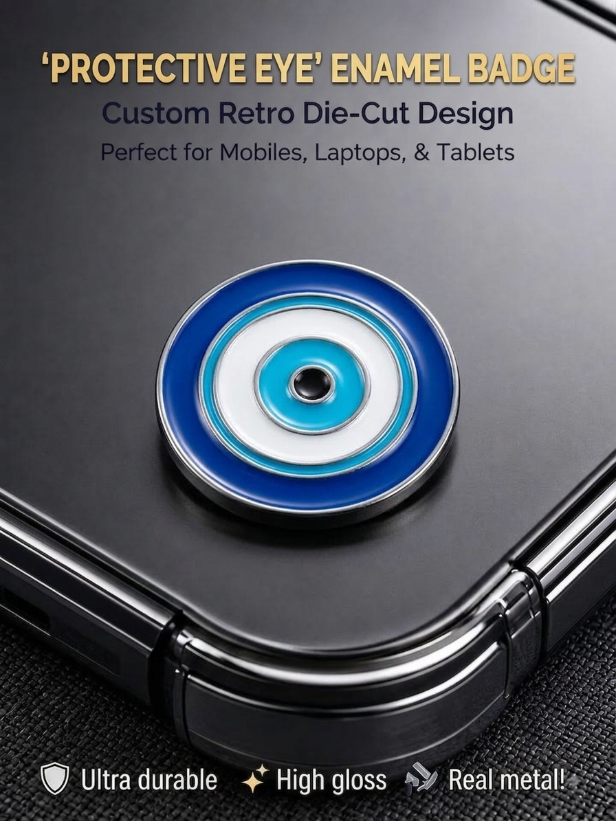 Protective Eye metal enamel badge sticker with high-gloss finish mounted on a black smartphone case