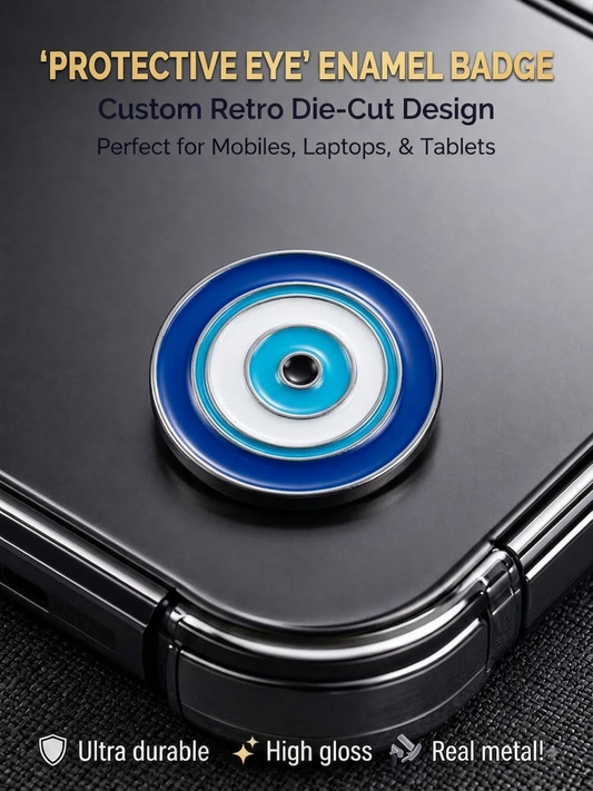 Protective Eye metal enamel badge sticker with high-gloss finish mounted on a black smartphone case