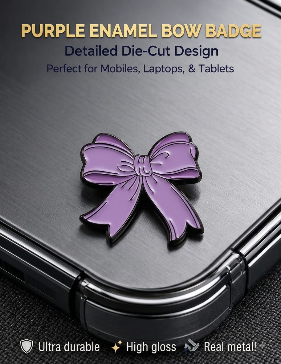 Die-cut purple enamel ribbon bow badge sticker with a high-gloss finish attached to a dark mobile phone case.