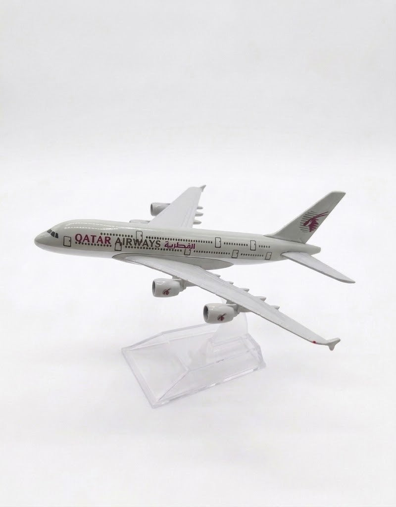 Qatar Airways Airbus A380 scale diecast metal collectible airplane model displayed on a clear stand, available in Lebanon.