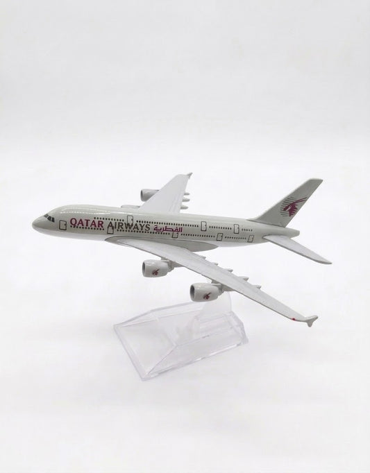 Qatar Airways Airbus A380 scale diecast metal collectible airplane model displayed on a clear stand, available in Lebanon.