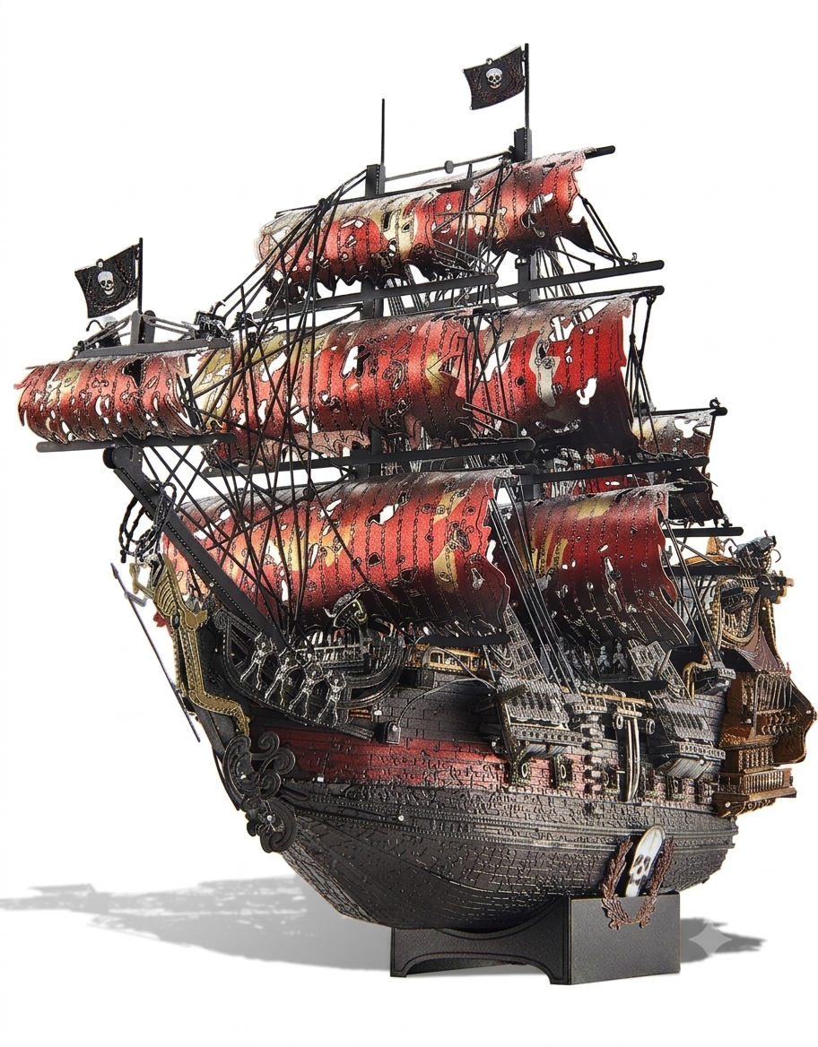 Assembled Queen Anne's Revenge II 3D metal puzzle pirate ship model on a black display stand.