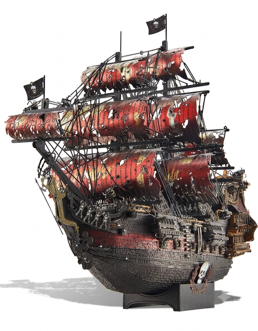 Assembled Queen Anne's Revenge II 3D metal puzzle pirate ship model on a black display stand.