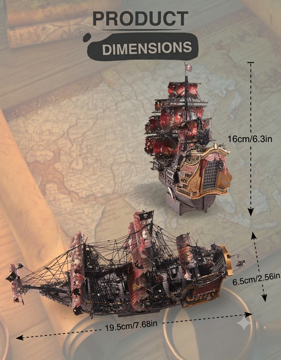 Size dimensions diagram for the Queen Anne's Revenge metal model showing 19.5cm length, 16cm height, and 6.5cm width.