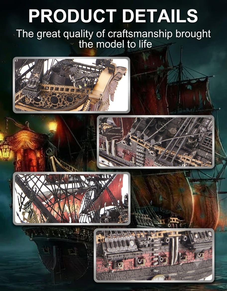 Close-up details of the intricate metal etching, sails, deck features, and cannons on the Queen Anne's Revenge puzzle.