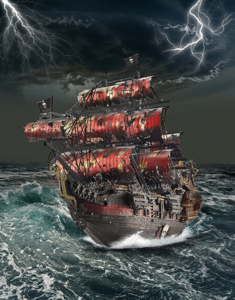 The Queen Anne's Revenge 3D metal ship model sailing through rough ocean waves under lightning.