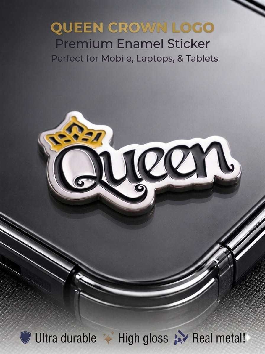 3D Queen enamel sticker with a gold crown accent and silver metallic border attached to a black phone case.