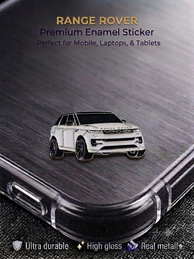 White Range Rover SUV premium high-gloss metal enamel sticker applied to a clear smartphone case.