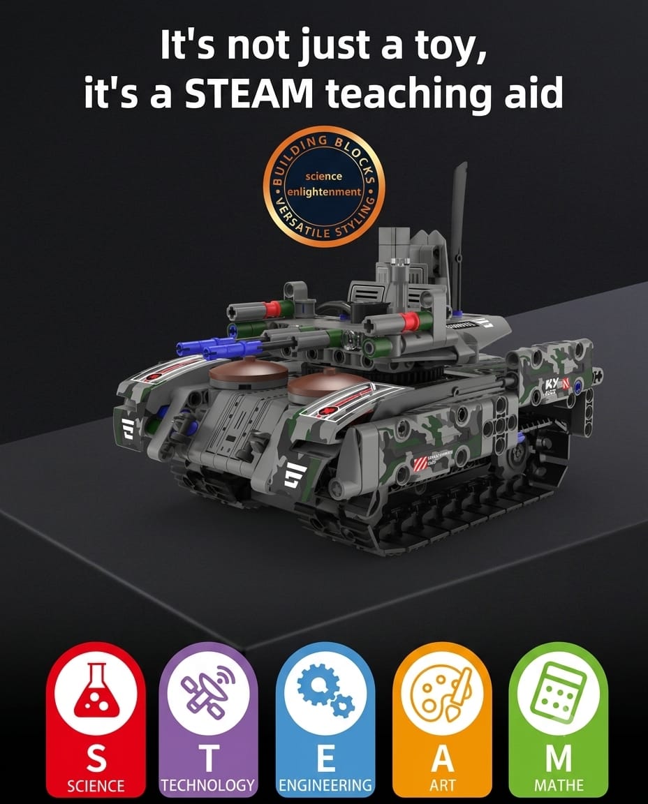 DIY remote control tank building block kit promoting STEAM learning in robotics, engineering, and mechanics.