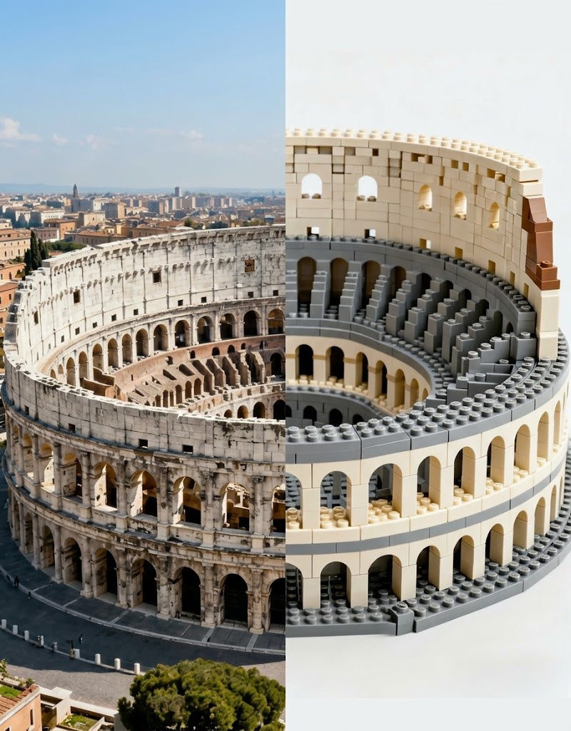 Side-by-side comparison of the real Roman Colosseum monument in Rome, Italy, with the scaled building brick model replica.