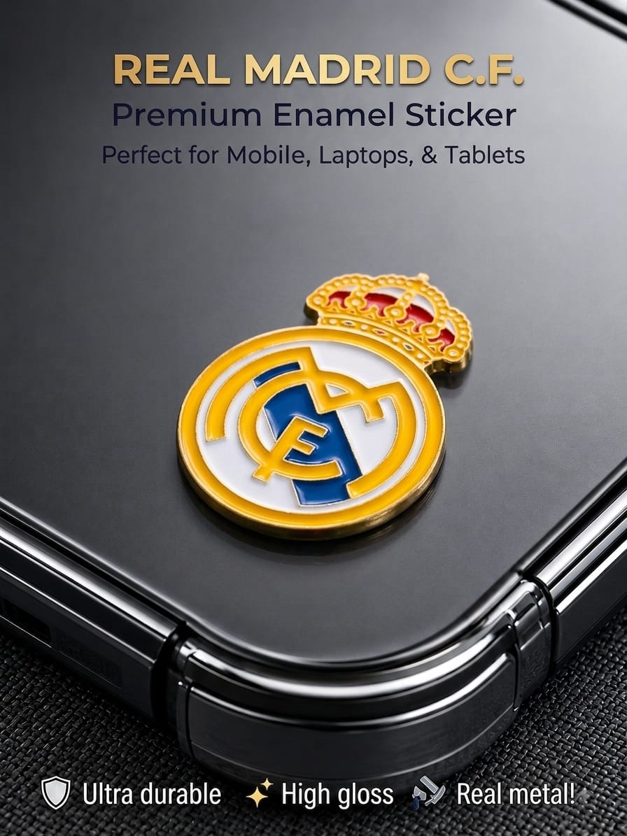 Real Madrid C.F. 3D metal enamel badge sticker in gold, blue, and white mounted on a black smartphone case