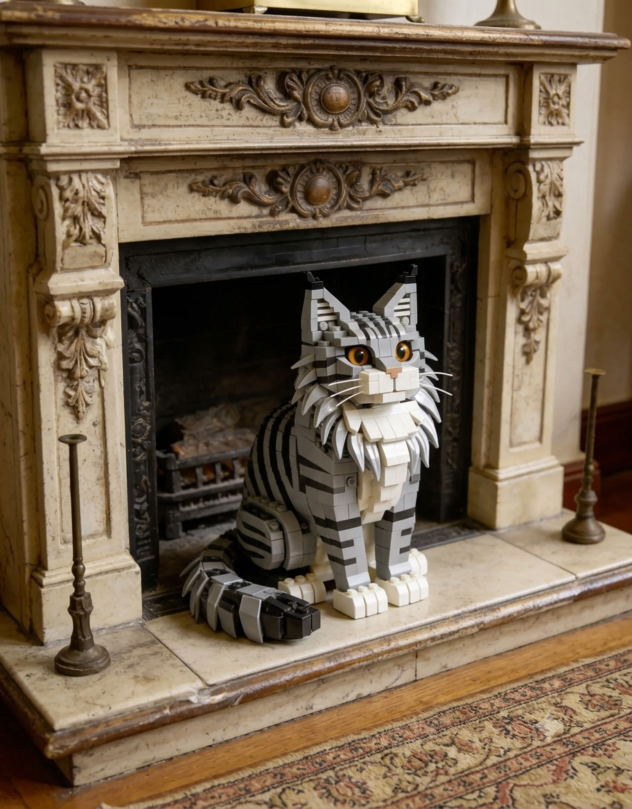 Detailed gray tabby cat brick model sitting inside an ornate vintage fireplace mantel.
