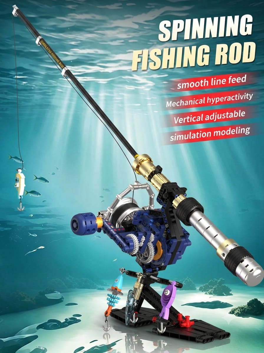 Realistic brick-built spinning fishing rod kit with smooth line feed and simulation modeling over an underwater background.