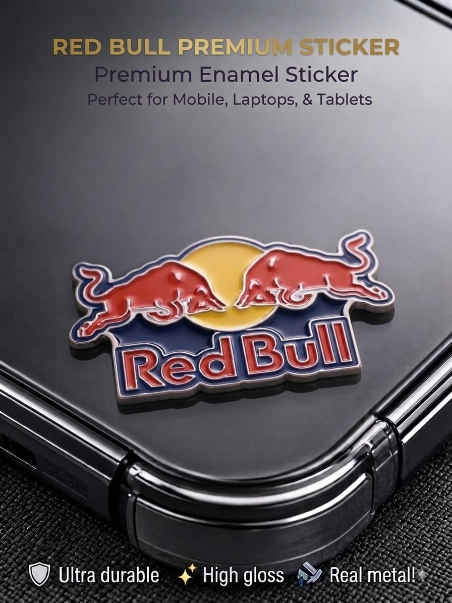 Red Bull 3D metal enamel sticker with high-gloss finish applied to the back of a mobile phone