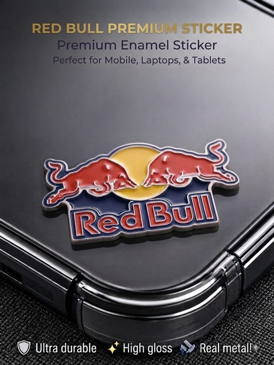 Red Bull 3D metal enamel sticker with high-gloss finish applied to the back of a mobile phone