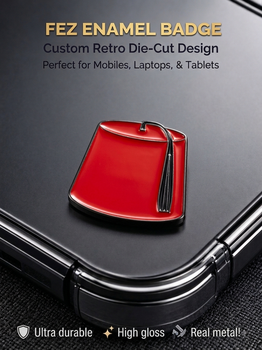 Glossy red Fez Tarboush metal enamel sticker badge affixed to a black phone case