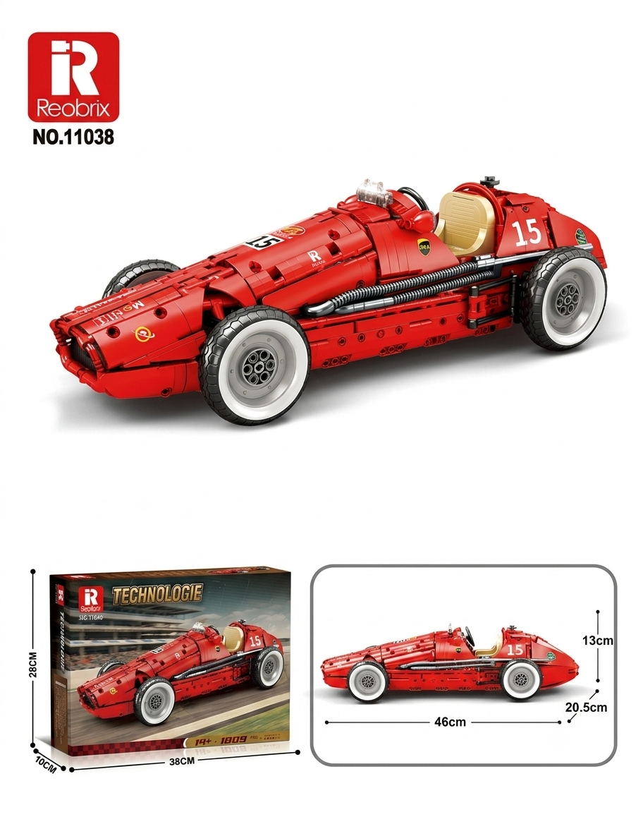Product dimensions and packaging box specifications for the 1,809-piece Reobrix 11038 vintage F1 race car model set.