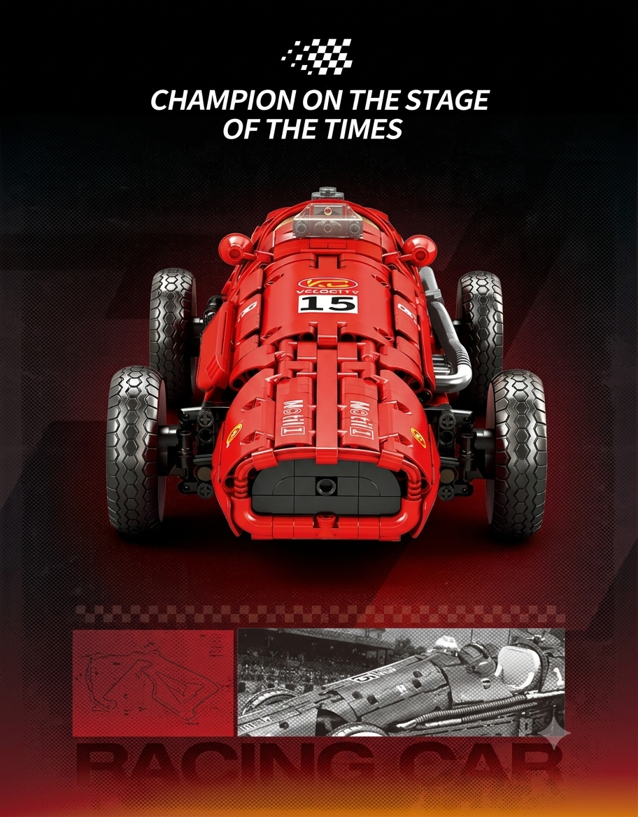 Front view of the classic red retro F1 racing car building block model featuring race number 15 and vintage streamlined bodywork.