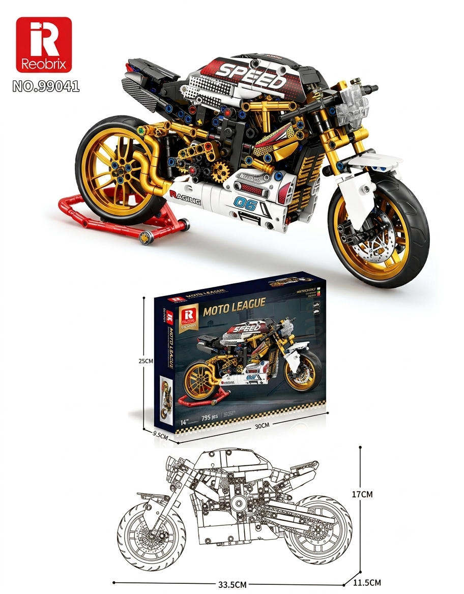 Reobrix 99041 Moto League vintage motorcycle building kit showing the 795-piece set, retail box, and scale dimensions.